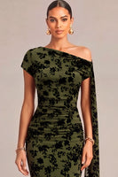 Laden Sie das Bild in den Galerie-Viewer, Dunkelgrün Blumenmuster Gerafft One Schulter Langes Festliches Kleid mit Taillenband