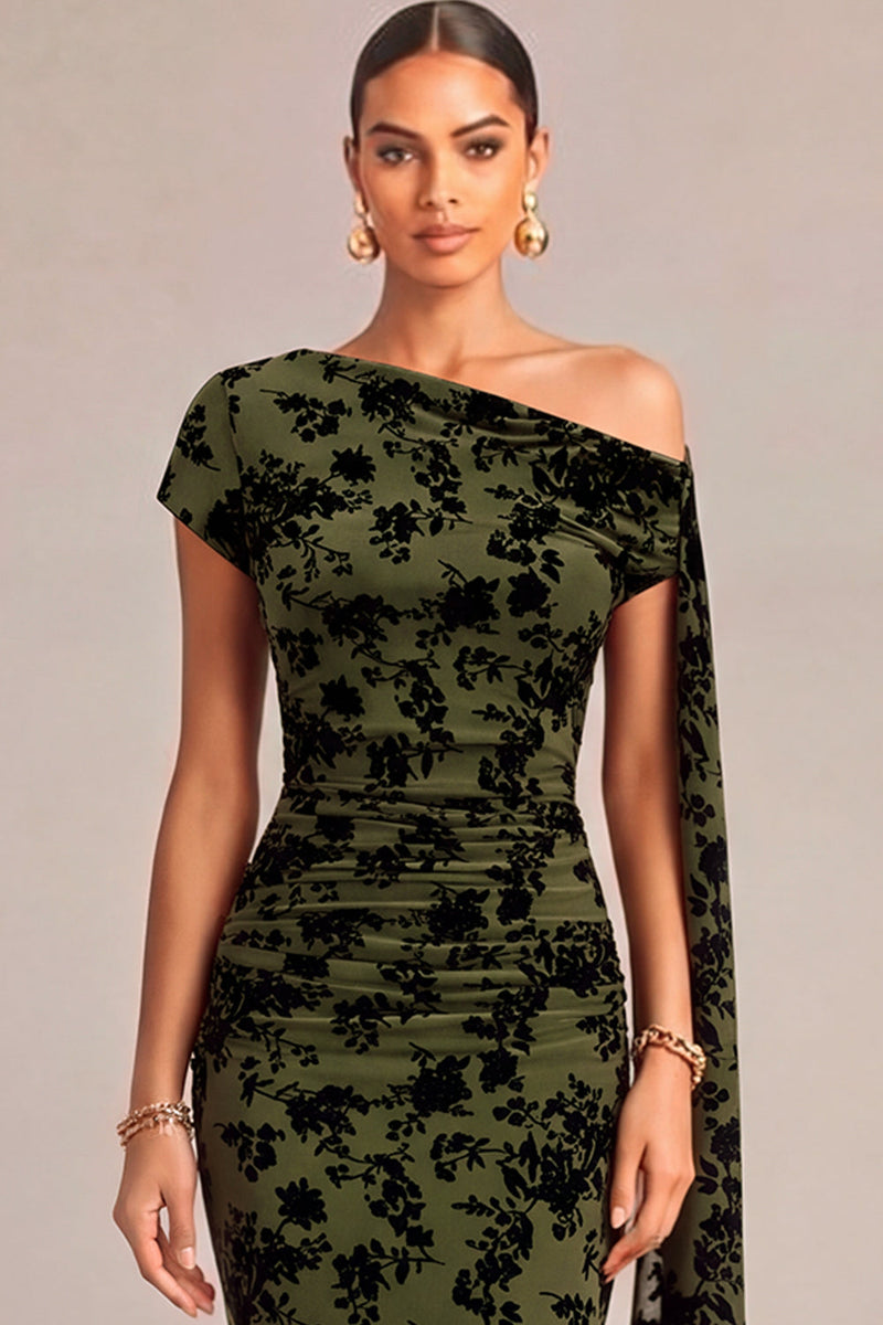 Laden Sie das Bild in den Galerie-Viewer, Dunkelgrün Blumenmuster Gerafft One Schulter Langes Festliches Kleid mit Taillenband