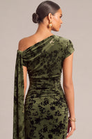 Laden Sie das Bild in den Galerie-Viewer, Dunkelgrün Blumenmuster Gerafft One Schulter Langes Festliches Kleid mit Taillenband