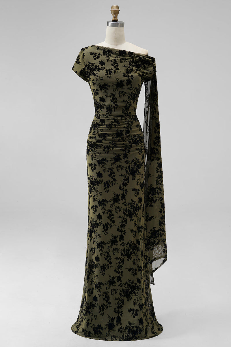 Laden Sie das Bild in den Galerie-Viewer, Dunkelgrün Blumenmuster Gerafft One Schulter Langes Festliches Kleid mit Taillenband
