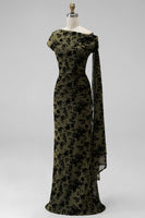 Laden Sie das Bild in den Galerie-Viewer, Dunkelgrün Blumenmuster Gerafft One Schulter Langes Festliches Kleid mit Taillenband