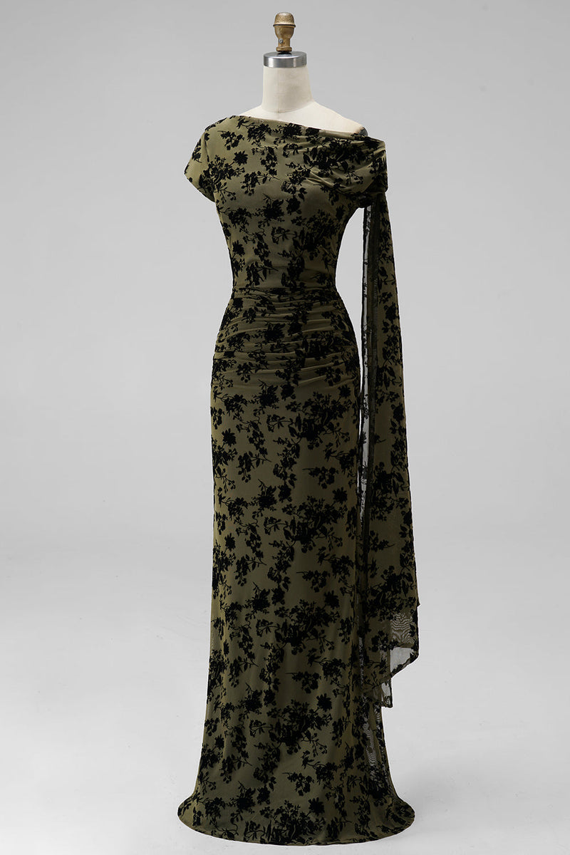 Laden Sie das Bild in den Galerie-Viewer, Dunkelgrün Blumenmuster Gerafft One Schulter Langes Festliches Kleid mit Taillenband