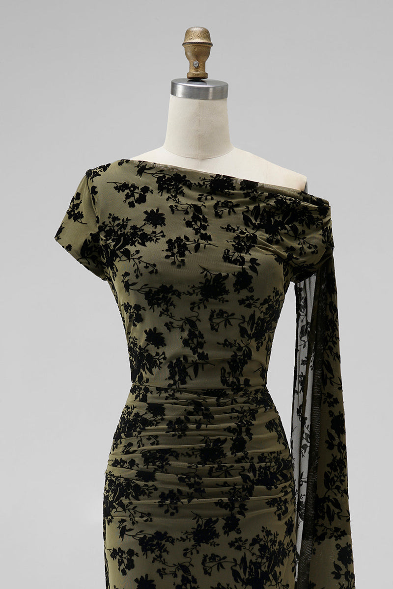 Laden Sie das Bild in den Galerie-Viewer, Dunkelgrün Blumenmuster Gerafft One Schulter Langes Festliches Kleid mit Taillenband