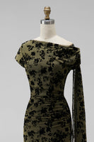 Laden Sie das Bild in den Galerie-Viewer, Dunkelgrün Blumenmuster Gerafft One Schulter Langes Festliches Kleid mit Taillenband