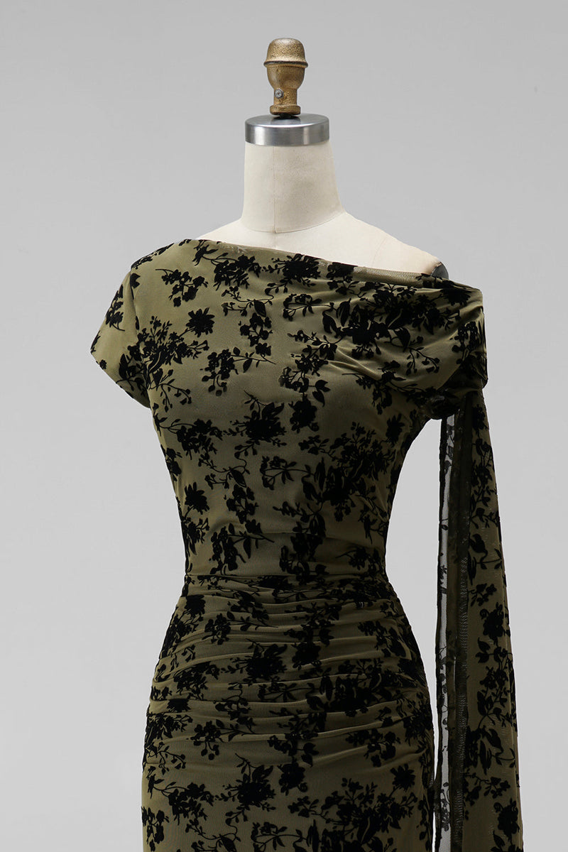 Laden Sie das Bild in den Galerie-Viewer, Dunkelgrün Blumenmuster Gerafft One Schulter Langes Festliches Kleid mit Taillenband