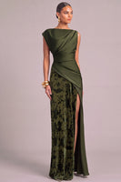 Laden Sie das Bild in den Galerie-Viewer, Armeegrün Etuikleid U Boot Ausschnitt Gerafft Maxi Blumenmuster Festliches Kleid mit Schlitz
