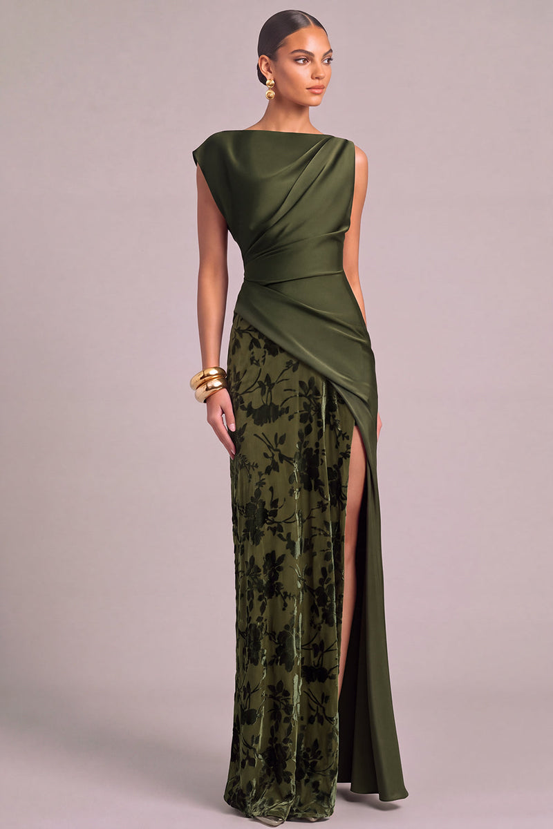Laden Sie das Bild in den Galerie-Viewer, Armeegrün Etuikleid U Boot Ausschnitt Gerafft Maxi Blumenmuster Festliches Kleid mit Schlitz