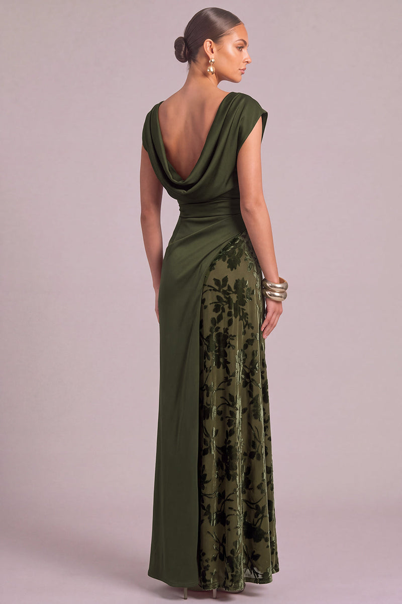 Laden Sie das Bild in den Galerie-Viewer, Armeegrün Etuikleid U Boot Ausschnitt Gerafft Maxi Blumenmuster Festliches Kleid mit Schlitz