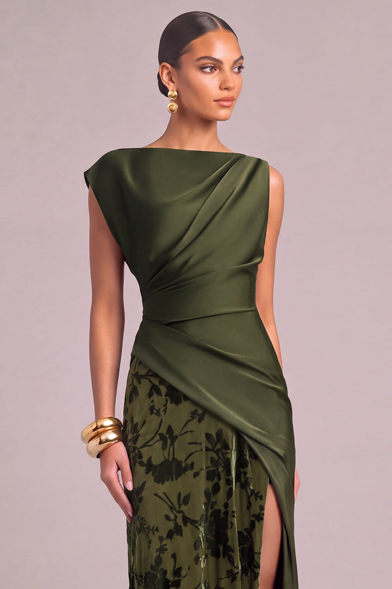 Laden Sie das Bild in den Galerie-Viewer, Armeegrün Etuikleid U Boot Ausschnitt Gerafft Maxi Blumenmuster Festliches Kleid mit Schlitz