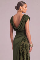 Laden Sie das Bild in den Galerie-Viewer, Armeegrün Etuikleid U Boot Ausschnitt Gerafft Maxi Blumenmuster Festliches Kleid mit Schlitz