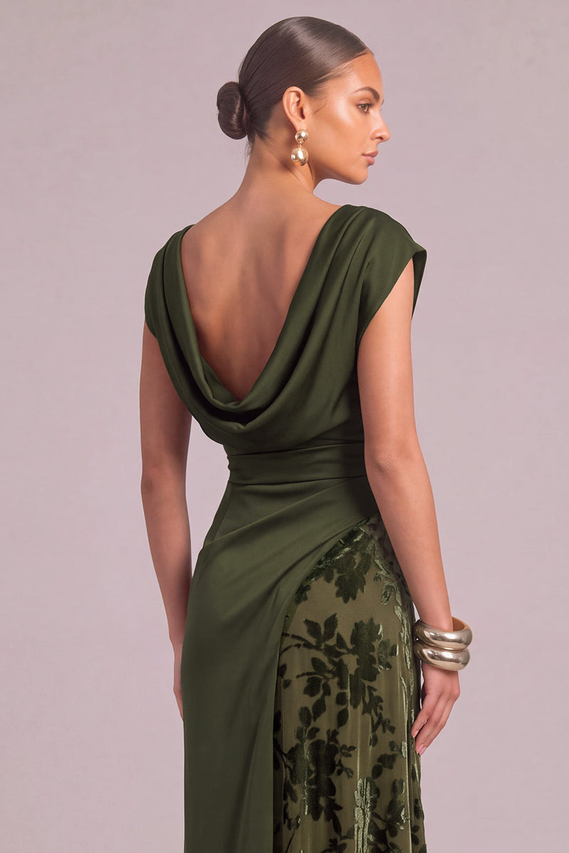 Laden Sie das Bild in den Galerie-Viewer, Armeegrün Etuikleid U Boot Ausschnitt Gerafft Maxi Blumenmuster Festliches Kleid mit Schlitz