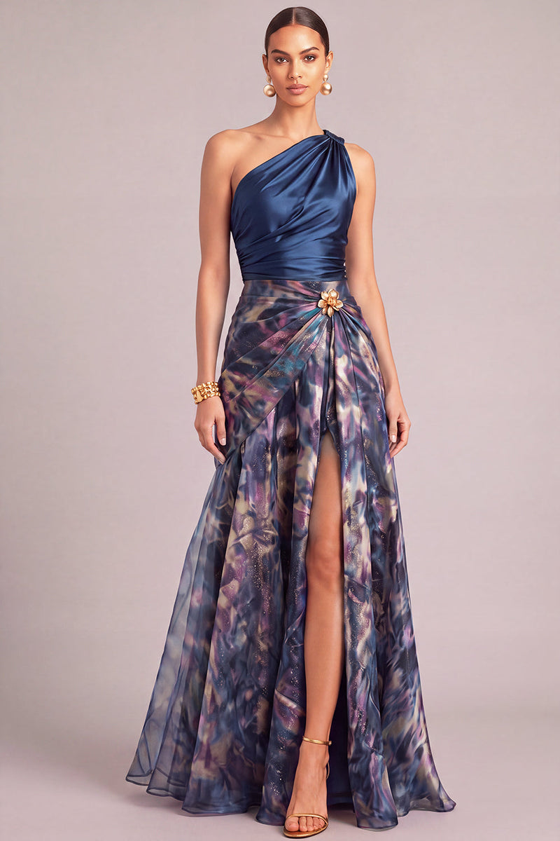 Laden Sie das Bild in den Galerie-Viewer, Leely Women Floral Navy Long Formal Dress A-Line One Shoulder Satin Ruched Wedding Guest Dress with Slit