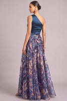 Laden Sie das Bild in den Galerie-Viewer, Marineblau Blumenmuster One schulter Gerafft A-Linien Langes Abendkleid mit Schlitz
