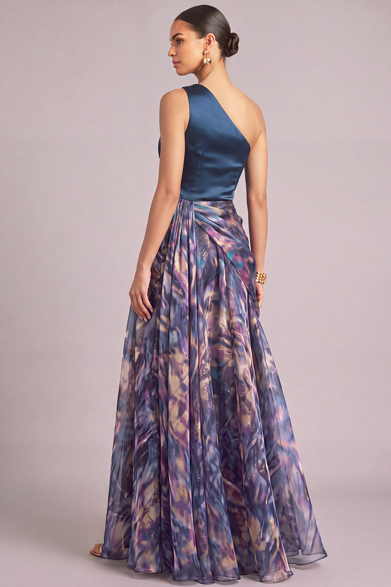 Laden Sie das Bild in den Galerie-Viewer, Marineblau Blumenmuster One schulter Gerafft A-Linien Langes Abendkleid mit Schlitz