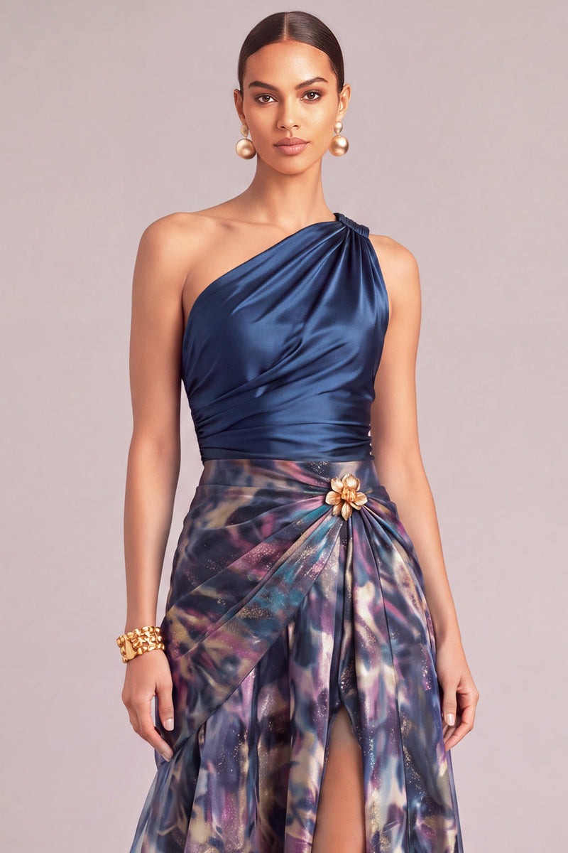 Laden Sie das Bild in den Galerie-Viewer, Marineblau Blumenmuster One schulter Gerafft A-Linien Langes Abendkleid mit Schlitz