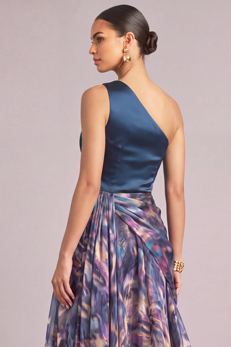 Laden Sie das Bild in den Galerie-Viewer, Marineblau Blumenmuster One schulter Gerafft A-Linien Langes Abendkleid mit Schlitz
