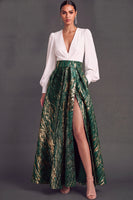 Laden Sie das Bild in den Galerie-Viewer, Leely Women Green Long Sleeves Jacquard Formal Dress with Pocket V-Neck A-Line Wedding Guest Dress with Slit
