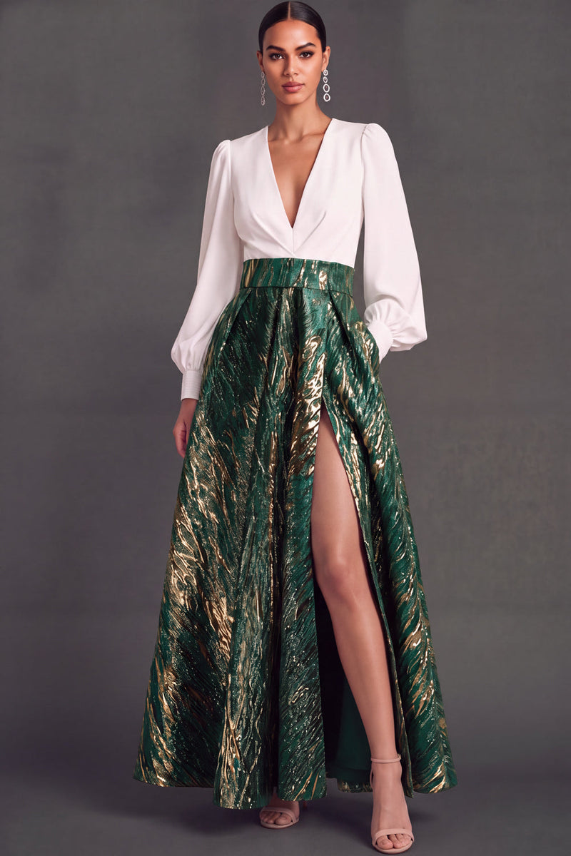 Laden Sie das Bild in den Galerie-Viewer, Leely Women Green Long Sleeves Jacquard Formal Dress with Pocket V-Neck A-Line Wedding Guest Dress with Slit