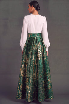Grün V Ausschnitt Lange Ärmel Jacquard A-Linien Abendkleid mit Schlitz