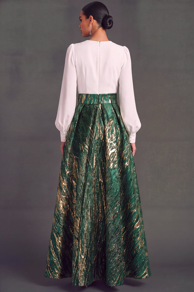 Laden Sie das Bild in den Galerie-Viewer, Grün V Ausschnitt Lange Ärmel Jacquard A-Linien Abendkleid mit Schlitz