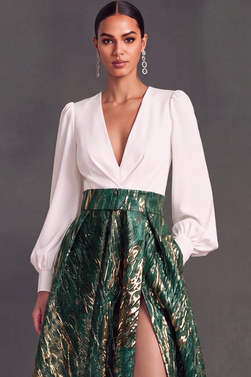 Laden Sie das Bild in den Galerie-Viewer, Grün V Ausschnitt Lange Ärmel Jacquard A-Linien Abendkleid mit Schlitz
