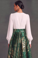 Laden Sie das Bild in den Galerie-Viewer, Grün V Ausschnitt Lange Ärmel Jacquard A-Linien Abendkleid mit Schlitz