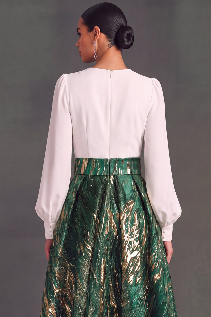 Laden Sie das Bild in den Galerie-Viewer, Grün V Ausschnitt Lange Ärmel Jacquard A-Linien Abendkleid mit Schlitz