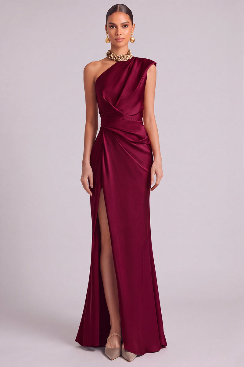Laden Sie das Bild in den Galerie-Viewer, Dunkelgrün Meerjungfrau One schulter Gerafft Maxi Abendkleid mit Schlitz (Halskette ist nicht enthalten)