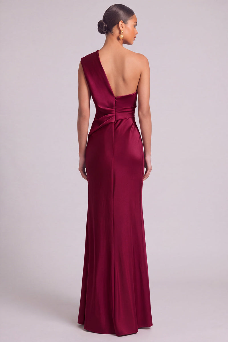 Laden Sie das Bild in den Galerie-Viewer, Dunkelgrün Meerjungfrau One schulter Gerafft Maxi Abendkleid mit Schlitz (Halskette ist nicht enthalten)