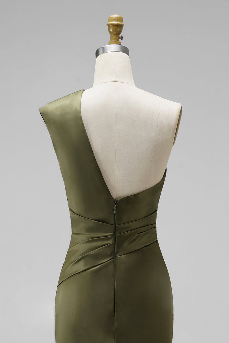 Laden Sie das Bild in den Galerie-Viewer, Dunkelgrün Meerjungfrau One schulter Gerafft Maxi Abendkleid mit Schlitz (Halskette ist nicht enthalten)