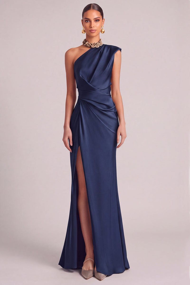 Laden Sie das Bild in den Galerie-Viewer, Dunkelgrün Meerjungfrau One schulter Gerafft Maxi Abendkleid mit Schlitz (Halskette ist nicht enthalten)
