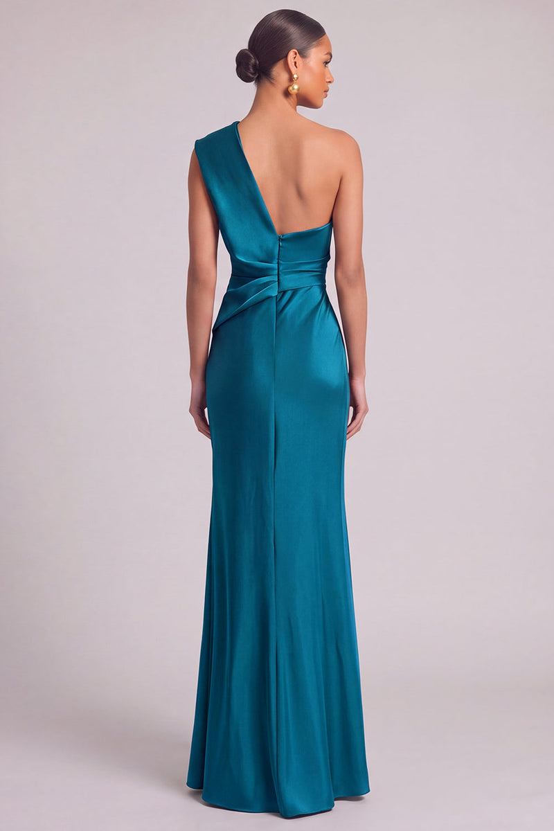 Laden Sie das Bild in den Galerie-Viewer, Dunkelgrün Meerjungfrau One schulter Gerafft Maxi Abendkleid mit Schlitz (Halskette ist nicht enthalten)