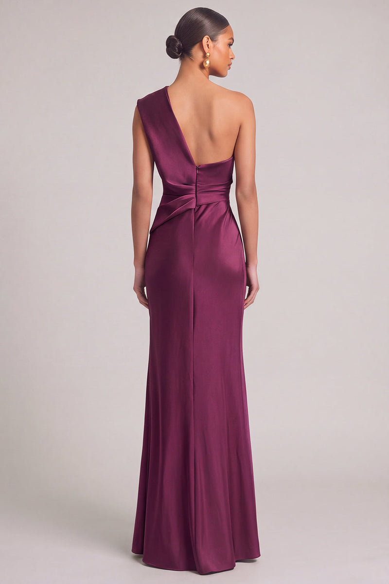 Laden Sie das Bild in den Galerie-Viewer, Dunkelgrün Meerjungfrau One schulter Gerafft Maxi Abendkleid mit Schlitz (Halskette ist nicht enthalten)