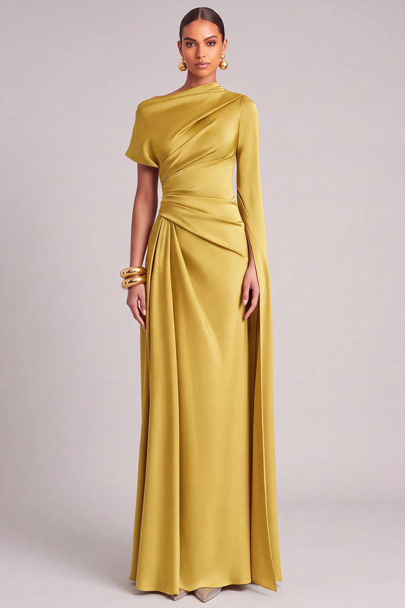 Laden Sie das Bild in den Galerie-Viewer, Leely Women Lemon Long Formal Dress A-Line One Shoulder Ruched Wedding Guest Dress with Cape