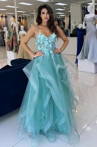 Blau A Linie Korsett Gestaffelt Spaghettiträger Lange Abendkleid mit 3D Blumen