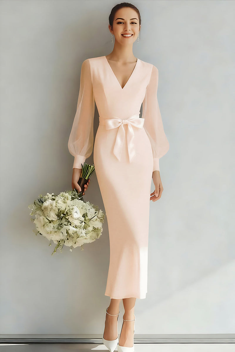 Laden Sie das Bild in den Galerie-Viewer, Weiß V Ausschnitt Etuikleid Lange Ärmel Brautkleid mit Schleife