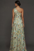 Laden Sie das Bild in den Galerie-Viewer, Blumenmuster Mauve One schulter A-Linien Langes Abendkleid mit Schlitz