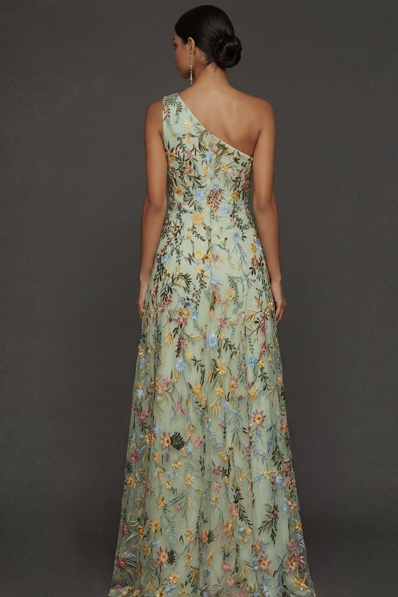 Laden Sie das Bild in den Galerie-Viewer, Blumenmuster Mauve One schulter A-Linien Langes Abendkleid mit Schlitz