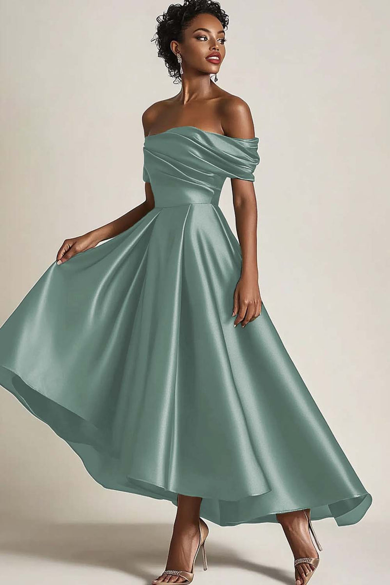 Laden Sie das Bild in den Galerie-Viewer, Off Schulter Satin Olivgrün A-Linien Langes Kleid für die Brautmutter