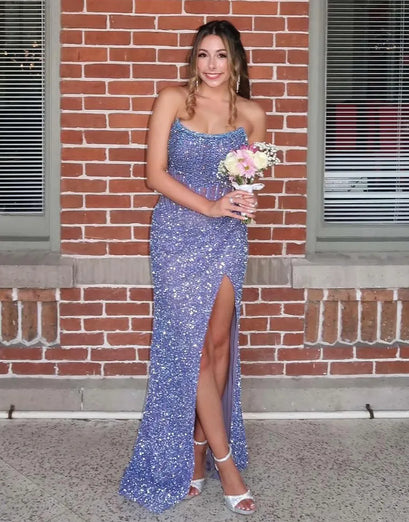 Glitzer Königsblau Meerjungfrau Trägerlos Langes Abendkleid mit Schlitz