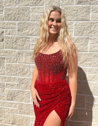Glitzer Königsblau Meerjungfrau Trägerlos Langes Abendkleid mit Schlitz