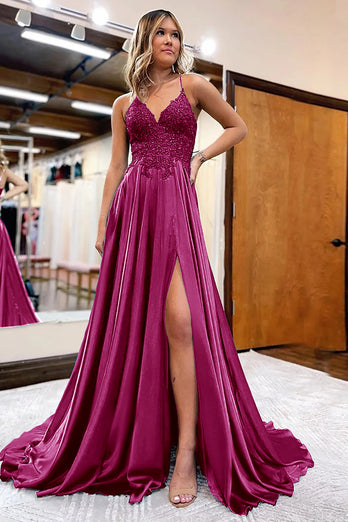 A-Linie Lila Spaghettiträger Abendkleid mit langem Rücken und Applikationen