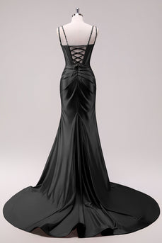 Glitzer Schwarz Korsett Spaghettiträger Lange Abendkleid mit Schlitz