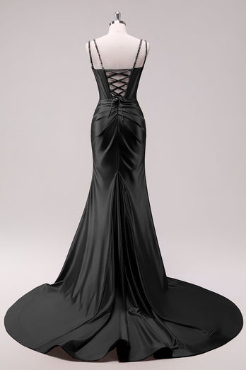 Glitzer Schwarz Korsett Spaghettiträger Lange Abendkleid mit Schlitz