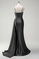 Laden Sie das Bild in den Galerie-Viewer, Glitzer Königsblau Korsett Meerjungfrau Lange Satin Abendkleid mit Schlitz