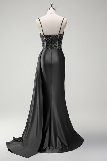 Glitzer Königsblau Korsett Meerjungfrau Lange Satin Abendkleid mit Schlitz