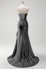 Laden Sie das Bild in den Galerie-Viewer, Glitzer Schwarz Korsett Satin Lange Abendkleid mit Rüschen Schlitz