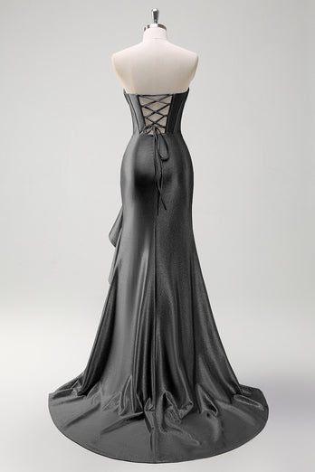 Glitzer Schwarz Korsett Satin Lange Abendkleid mit Rüschen Schlitz