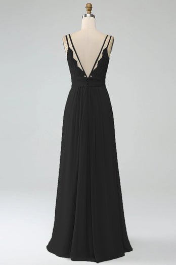 A-Linie Spaghettiträger V-Ausschnitt Plissee Chiffon langes Brautjungfernkleid