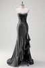 Laden Sie das Bild in den Galerie-Viewer, Glitzer Schwarz Korsett Satin Lange Abendkleid mit Rüschen Schlitz